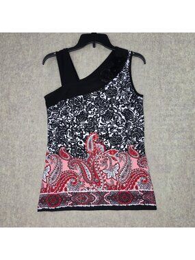 Asymmetrical Women Sleeveless Floral Black Tank Top Red Paisley Pattern Stretchy